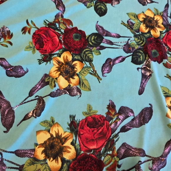Lularoe Women's Turquoise Floral Pull On Skirt Medium Azure A Line Red Roses - Picture 4 of 8